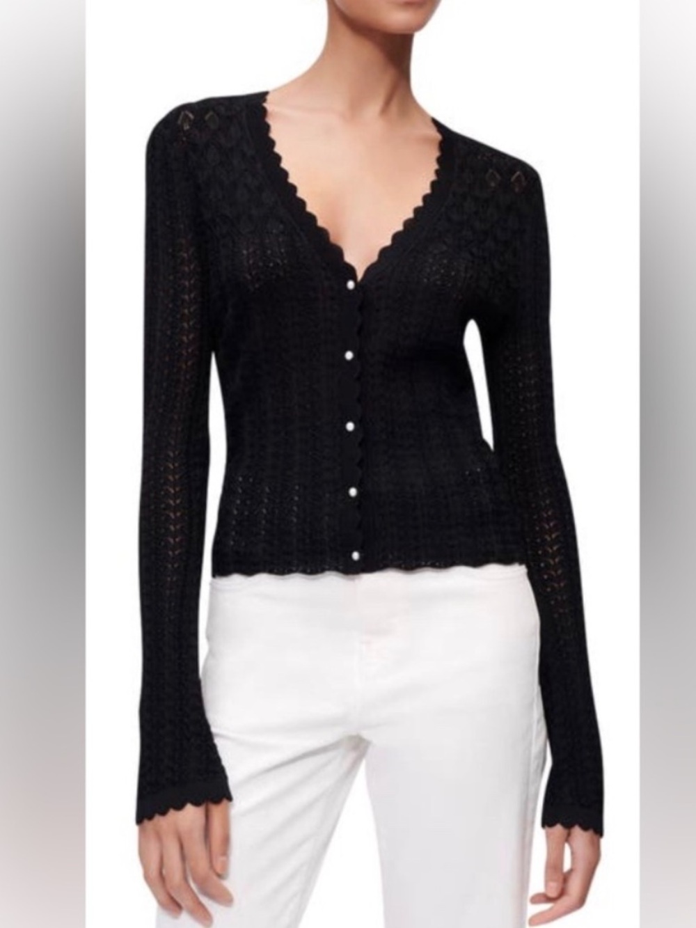 Maje Black Pointelle V-Neck Button-Front Knit Cardigan with Pearl Detailing